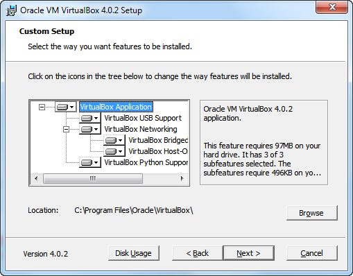 При инсталляции Oracle VM VirtualBox 4 можно смело оставлять все компоненты